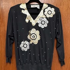 Bonnie Boerer Black and Gold Floral Embellished Sweater Size S/P